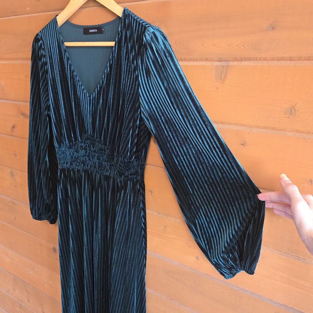 Zesica Velvet Dress Midi Green Vneck Long Sleeve Flowy Boho Bridesmaid Fall - Picture 4 of 6